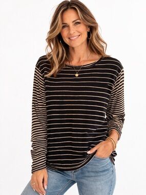 Westbound Striped Long-Sleeve Crewneck Top in Black and Tan Large